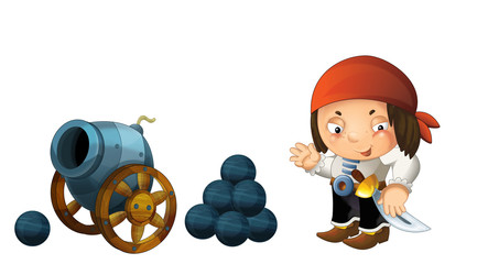 cartoon scene with pirate man and old cannon on whtie background - illustration for children