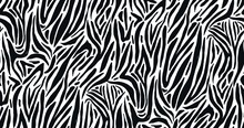 Seamless Pattern With Zebra Or White Tiger Coat Or Fur Texture. Animal Backdrop With Stripes Or Streaks. Monochrome Vector Illustration In Flat Style For Wrapping Paper, Fabric Print, Wallpaper.