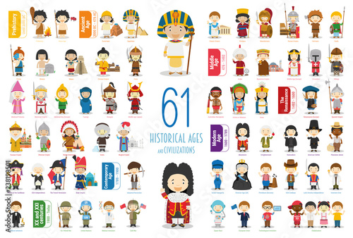 Cuadros en Lienzo Kids Vector Characters Collection: Set of 61 Historical Ages and Civilizations in cartoon style