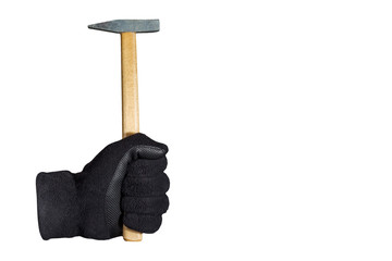 gloved hand holding a hammer on an isolated white background