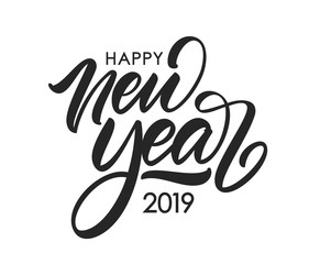 Wall Mural - handwritten calligraphic brush lettering composition of happy new year 2019 on white background.