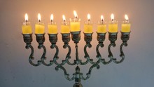 Vintage Oil Chanukiah - Traditional Jewish Candelabrum With Nine Candles Burning During The Holiday Of Chanukah. Hanukkah, Hanukah Concept Image. 