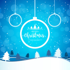 Wall Mural - 2019 Christmas and Happy New Year greeting card background. Xmas ball on winter landscape decoration design