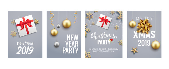 Wall Mural - New Year Christmas greeting card background flyer or brochure design. Christmas holiday banner gold decoration