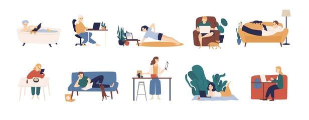 Aufkleber - Collection of people surfing internet on their laptop and tablet computers. Set of men and women spending time online isolated on white background. Colorful vector illustration in flat cartoon style.