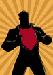 Silhouette illustration of businessman revealing his true identity of powerful superhero.

