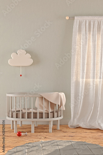 3D rendering of a gender neutral nursery with a crib, window ...
