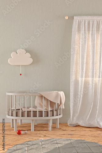 3d Rendering Of A Gender Neutral Nursery With A Crib Window