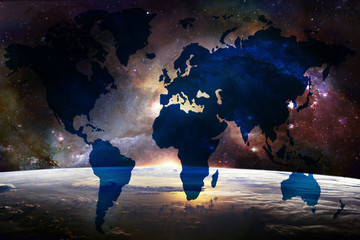 Poster - Abstract Artistic World Map On An Earth Horizon Into Deep Space Galaxy Background