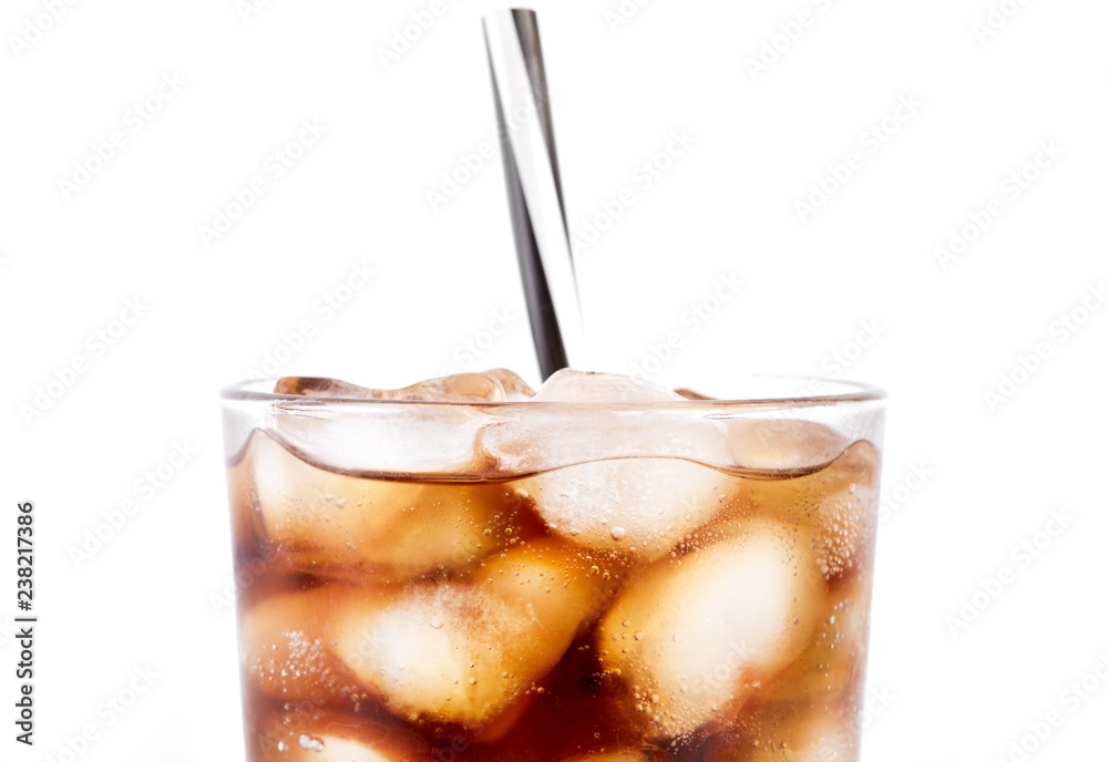 Cola in glass with straw and ice cubes isolated on white background ...