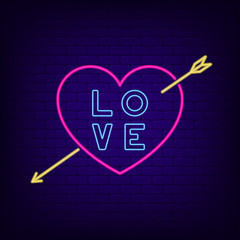 Poster - Neon sign of heart with arrow and LOVE text. Night light design for Valentines day. Vector illustration.