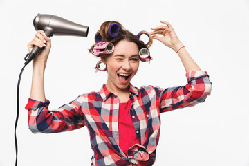 Sticker - Cheerful housewife with curlers in hair standing