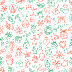 Poster - Seamless pattern with winter elements in doodle style. Vector hand-drawn illustration