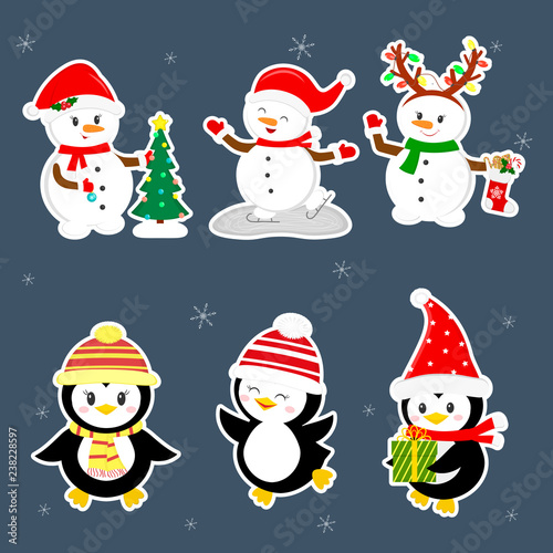 New Year And Christmas Card A Set Stickers Of Three Penguins And Three Snowmen Characters In Different Hats And Poses In Winter Christmas Tree Gifts Skate Cartoon Style Vector Buy This