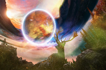 Poster - Abstract Artistic Dreamy Deer Looking Into Another World In Some Other Dimension