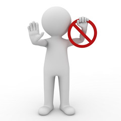 Poster - 3d man showing stop gesture and holding no sign over white background with shadow 3D rendering