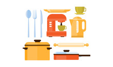 Flat Vector Set Of Kitchen Utensils And Appliances. Cutlery, Cup And Plate, Coffee Machine And Kettle. Kitchenware Theme