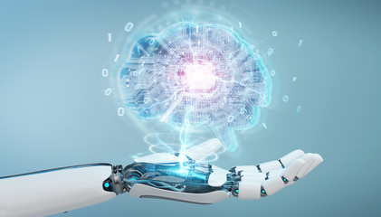 Poster - robot creating artificial intelligence in a digital brain 3d rendering