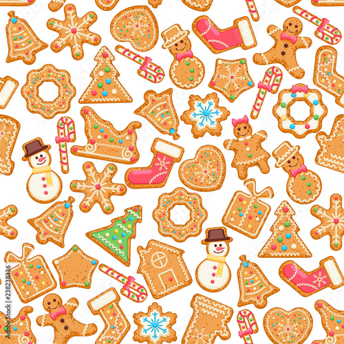 Stoffe zum Nähen Christmas wishes on seamless pattern. Cute Xmas card with colorful funny gingerbread on background with snowflakes. Vector greeting poster.