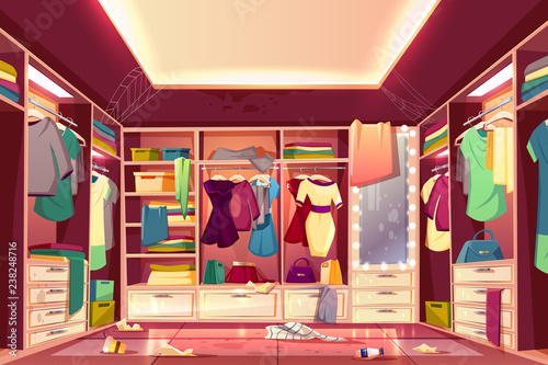 Messy Womans Walk In Closet Dressing Room Interior Cartoon