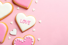 Composition With Decorated Heart Shaped Cookies And Space For Text On Color Background, Top View. Valentine's Day Treat