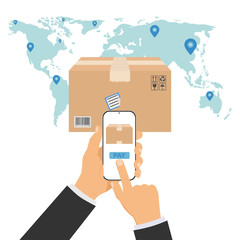Poster - Delivery service. The postman passes the goods to the buyer. Logistics services. Concept of delivery of goods. Fast delivery, express delivery man holding a package. Vector Illustration.