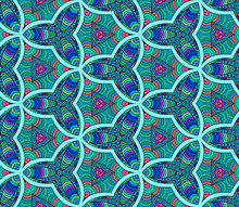 Seamless Hexagonal Pattern From Geometrical Abstract Ornaments Multicolored In Turquoise And Blue Shades On A Dark Background. Vector Illustration. Suitable For Fabric, Wallpaper And Wrapping Paper