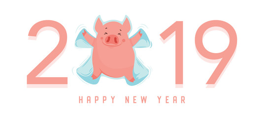 Cute winter pig make snow angel isolated on white. Happy New Year of 2019, year of a pig. Vector illustration. Excellent for the design of postcard, poster, sticker, banner and so on.