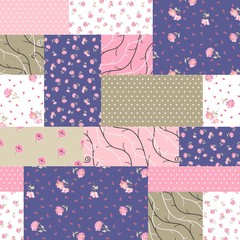Wall Mural - Seamless patchwork pattern from different patches with pink flowers, branches and polka dot ornament. Vector illustration.