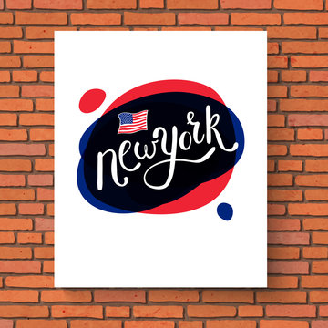 New York Texts with US Flag on Abstract Background