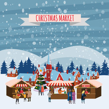 Christmas Fair, Market On Town Anthropomorphic Set Of Animals In Human Winter Clothes Coats, Jackets, Shoes, Slippers, Bear, Cat, Deer, Horse, Rabbit, Hare, Fox, Elk, Winter, Snow. Vector, Flat Style