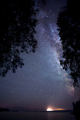 Wall Mural - milky way above lake. tree branches in the foreground.