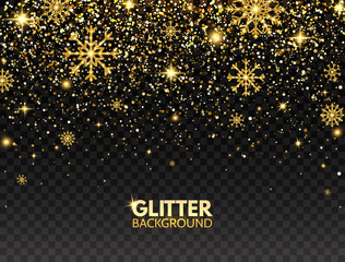 Wall Mural - glitter particles and snowflakes falling on transparent background. gold glitter background. luxury 