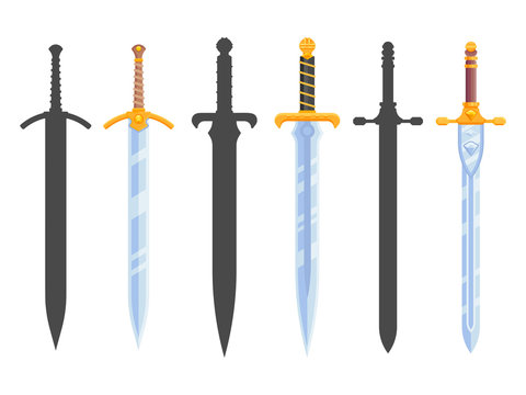 set of knight swords isolated on white background. swords in flat style and silhouettes. vector illu