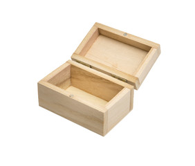 Empty wooden casket with open lid. Box of eco-friendly materials with magnet lock isolated on a white background. Container for small items.