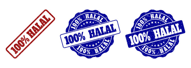 Canvas Print - 100% HALAL grunge stamp seals in red and blue colors. Vector 100% HALAL overlays with scratced surface. Graphic elements are rounded rectangles, rosettes, circles and text titles.