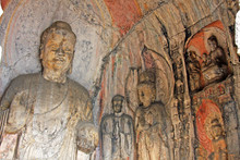 Longmen Grottoe : Sakayamuni Sculpture In The South Binyang Cave. The World Heritage Site, Chinese Buddhist Art. Located In Louyang, Henan Province China. Selective Focus.