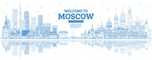 Outline Welcome To Moscow Russia Skyline With Blue Buildings And Reflections.