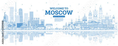 Photo Outline Welcome to Moscow Russia Skyline with Blue Buildings and Reflections