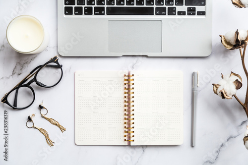 Desktop Flatlay Items Laptop Candle Glasses Calendar Pen