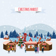 © hadeev - Christmas Fair, Market on town Anthropomorphic Set of animals in human winter clothes coats, jackets, shoes, slippers, Bear, cat, deer, horse, rabbit, hare, fox, elk, winter, snow. Vector, flat style