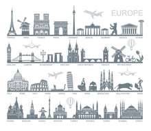 Collection Of Europe Detailed Silhouettes. Set Travel Landmarks. Vector Illustration