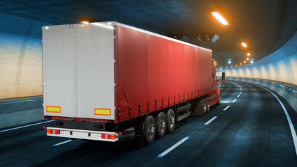 Wall Mural - Trailer truck rides through tunnel warm yellow light 3d rendering