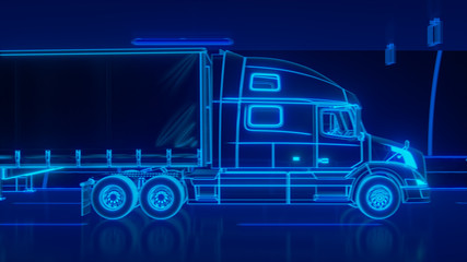 Wall Mural - Blue glowing Trailer Truck rides through Blue tunnel 3d rendering