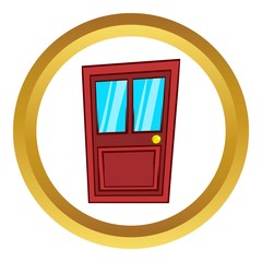 Poster - Wooden door with glass vector icon in golden circle, cartoon style isolated on white background