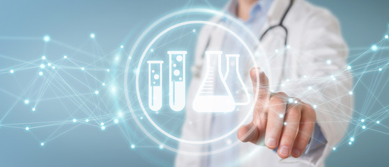 Poster - Doctor holding digital analysis result icons 3D rendering