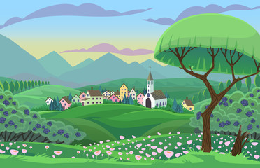 Wall Mural - Summer vector scene with village and tree in fields.