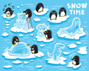 Wall Mural - Cute little penguins creates ice statues on the ice floes. Vector illustration