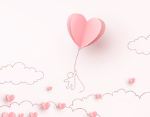 Heart Flying Balloon With Man On Pink Background. Vector Love Postcard For Happy Mother's, Valentine's Day Or Birthday Greeting Card Design.