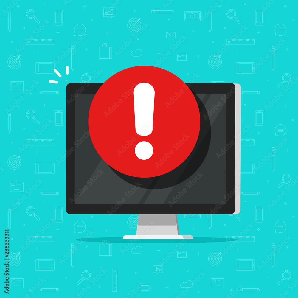 Computer with alarm notice or alert sign vector icon, flat pc display with exclamation sign, concept of danger or risk message content, error notification, malware attack, attention notification - obrazy, fototapety, plakaty 